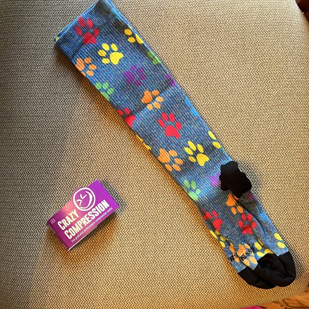 Crazy compression socks blue yellow paw print size S/M 7-10 NEW made in USA